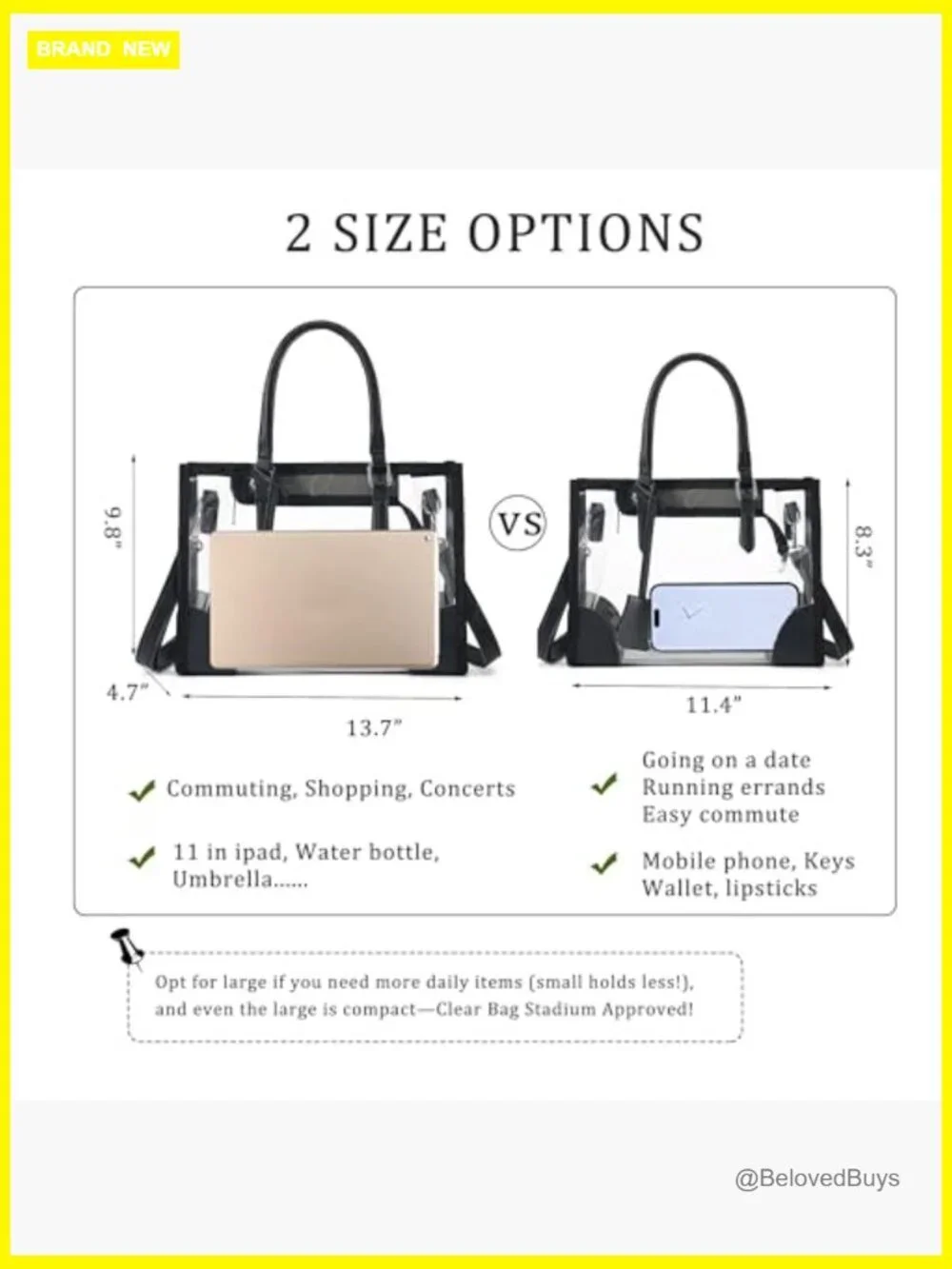 Stadium Approved Clear Tote Bag Crossbody Adjustable Strap
